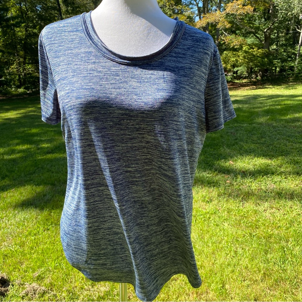 ATHLETA TOP TEE SHORT SLEEVE BLUE WHITE STRETCH SHEER MESH BACK ACCENT SIZE M